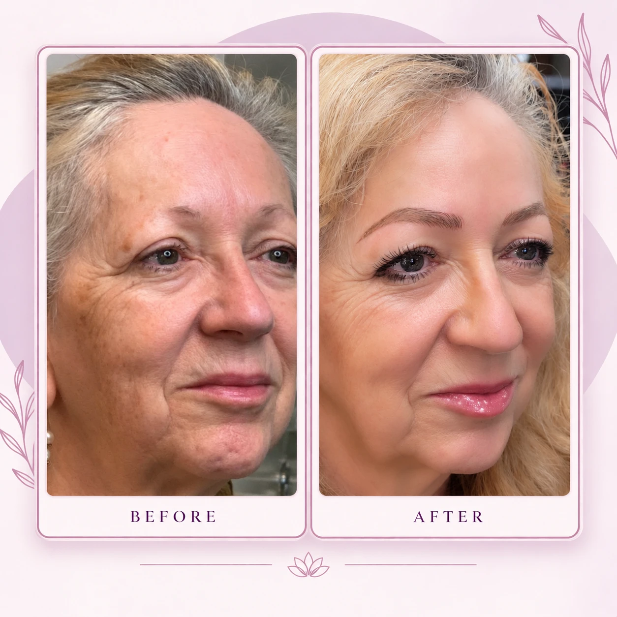 Before and after permanent makeup on mature skin, showing how the approach is adapted to natural texture and facial changes