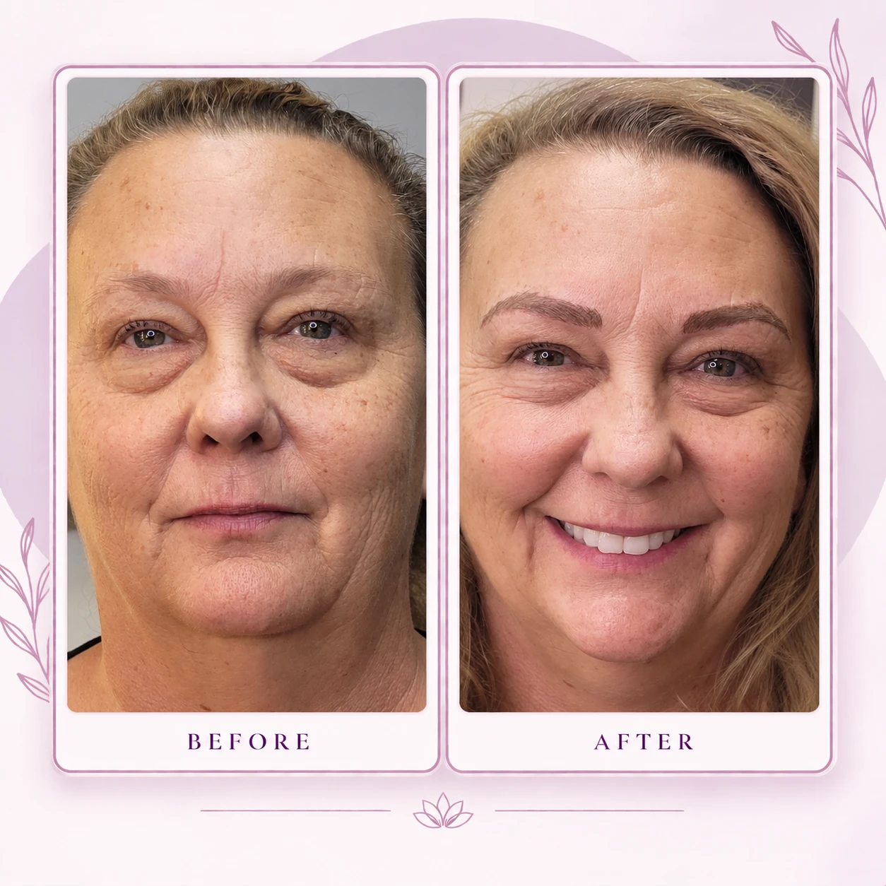 Before and after permanent makeup showing brow mapping and design adapted to a mature client's current features