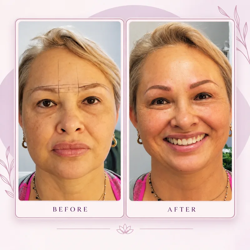 Before and after permanent makeup for a mature client with sparse or minimal natural brows