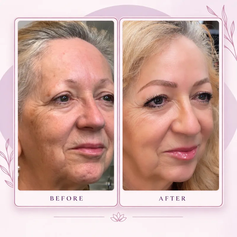 Before and after permanent makeup on mature skin, showing how the approach is adapted to natural texture and facial changes