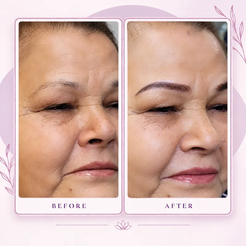 Before and after a soft, natural-looking mature brow transformation with permanent makeup