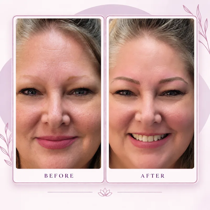 Before and after an immediate post-procedure permanent makeup result on mature skin